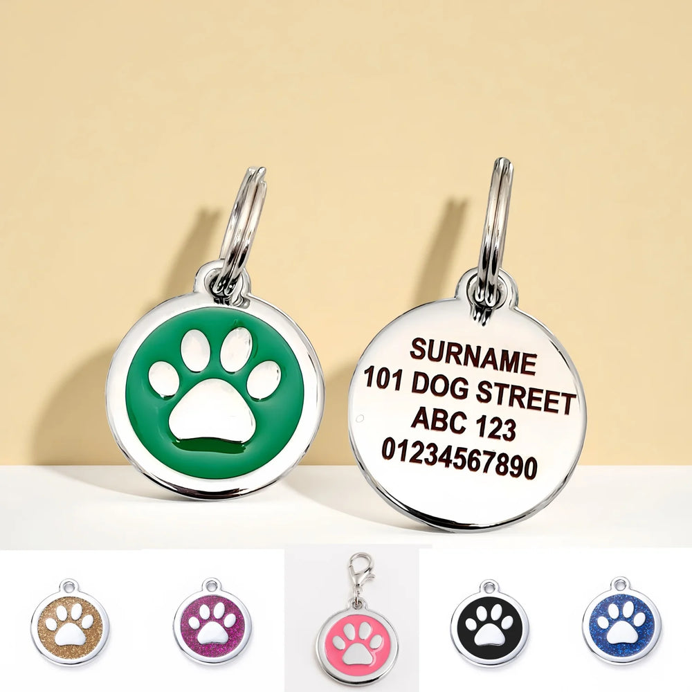Laser Engraved Quality Silver Alloy with GLITTER Coloured Paw Dog or Cat ID Tag, Laser Engraving. Includes a Split Ring. Pet Nam