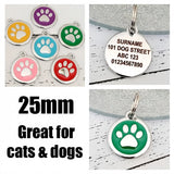 Laser Engraved Quality Silver Alloy with GLITTER Coloured Paw Dog or Cat ID Tag, Laser Engraving. Includes a Split Ring. Pet Nam